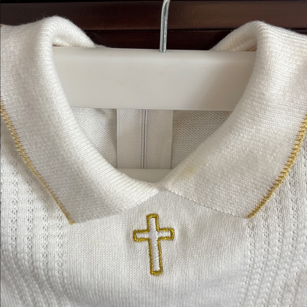 Elegant boutique collection baby boy christening outfit with gold trim!